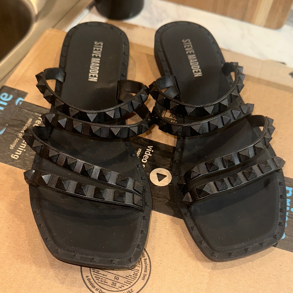 Steve Madden Black Studded Triple-Strap Slide Sandals